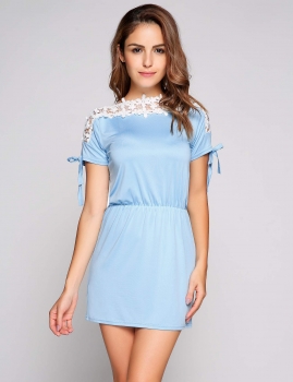 

Light blue Tie Sleeve Lace Patchwork Mini Elastic Dress, Multicolor
