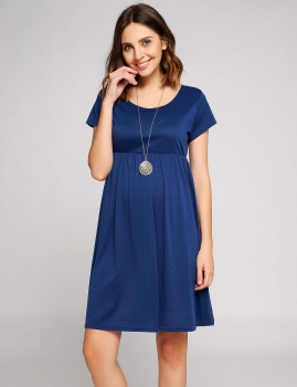 

Blue Solid Short Sleeve Scoop Collar Smock Dress, Multicolor