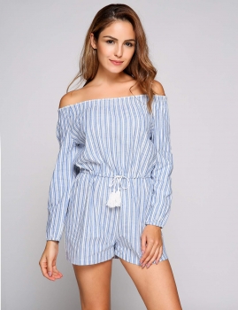 

Striped Off the Shoulder Fitness Long Sleeve Rompers, Multicolor