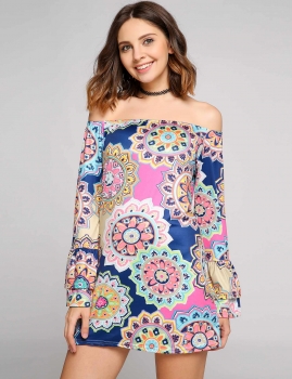 

Off The Shoulder Flare Long Sleeve Print Mini Dress, Multicolor