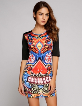 

Half Sleeve Ethnic Styles Patchwork Pencil Dress, Multicolor