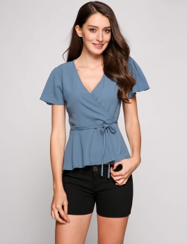 

Blue Solid Surplice Neck Peplum Cotton Blouse, Multicolor