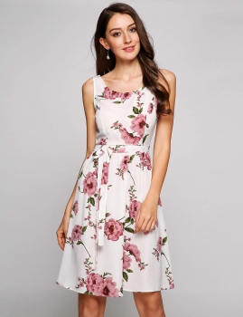 

Scoop Neck Sleeveless Floral Belted A-Line Dress, Multicolor