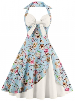 

Light blue 1950s Vintage Style Halter Backless Floral Patchwork Swing Dress, Multicolor