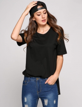 

Black Solid Side Split O-Neck Cotton Short Sleeve T-Shirts, Multicolor