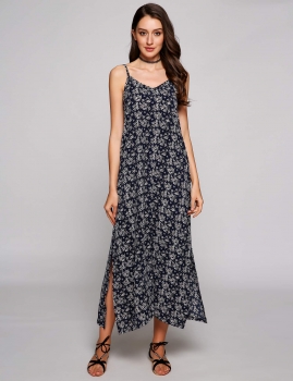 

Spaghetti Strap Split Hem Print Maxi Dress, Multicolor