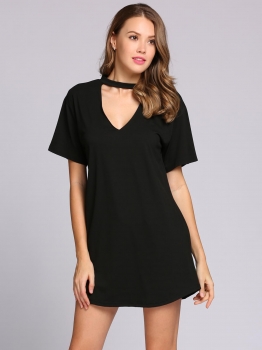 

Black Cut-out Choker V neck Front Solid Tee Dress, Multicolor