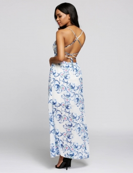 

White Spaghetti Strap Floral Printed Back Bandage Maxi Dress, Multicolor
