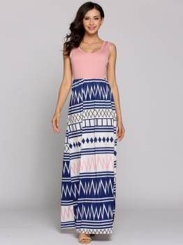 

Blue Sleeveless Print Patchwork Maxi Beach Dress, Multicolor