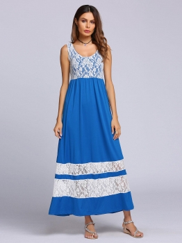 

Blue Sleeveless Scoop Collar Lace Patchwork Maxi Dress, Multicolor