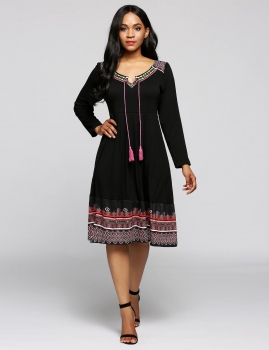 

Black Long Sleeve Notch Collar Printed Boho Style Dress, Multicolor