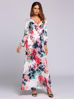 

Long Sleeve Surplice Collar Floral Belted Dress, Multicolor