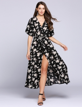 

Black Half Sleeve V Neck Floral Belted Split Kimono Dress, Multicolor