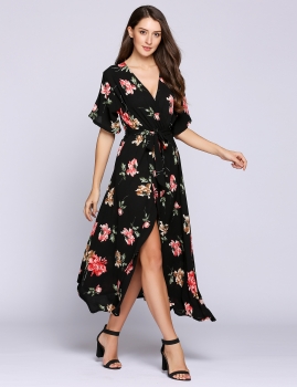 

Black Keyhole Back V Neck Floral Belted Split Kimono Dress, Multicolor