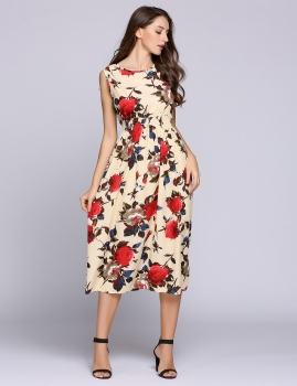 

Sleeveless Round Collar Floral Elastic Waist Maxi Dress, Multicolor
