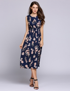 

Round Collar Sleeveless Print Elastic Waist Maxi Dress, Multicolor