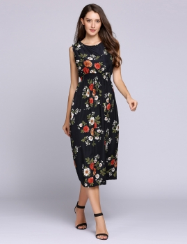 

Sleeveless Loose Print Elastic Waist Maxi Dress, Multicolor