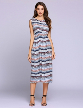 

Contrast Color Print Elastic Waist Casual Dress, Multicolor