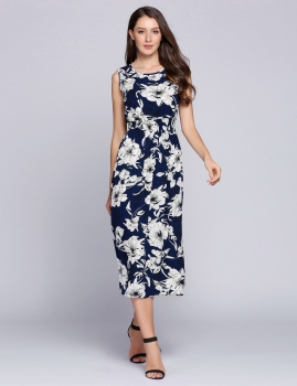 

Sleeveless Floral Elastic Waist Loose Beach Dress, Multicolor