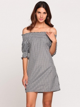 

Black Half Puff Sleeve Off Shoulder Plaids A-Line Dress, Multicolor