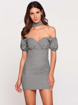 

Off Shoulder Choker Plaids Cut-out Back Slim Dress, Multicolor