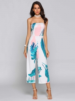 

Green Strapless Sleeveless Printed Wide Leg Pants Empire Jumpsuits, Multicolor
