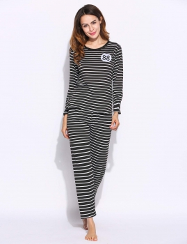 

Black Striped Long Sleeve Top Elastic Waist Pants Pajamas Set, Multicolor
