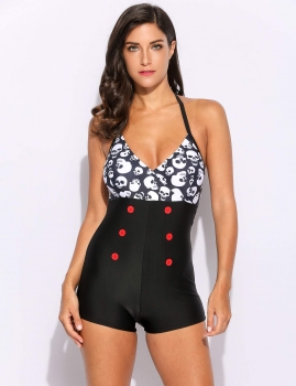 

Black Plus Size Women Halter Striped Print Patchwork Flat Angle One Piece Swimsuit, Multicolor