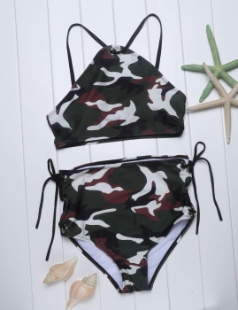 

Camouflage Printed High Waist Lace Up Bikini Set Swimwear, Multicolor