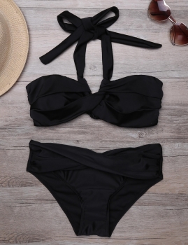 

Black Solid Halter Twisted Split Bikini Set Swimwear, Multicolor