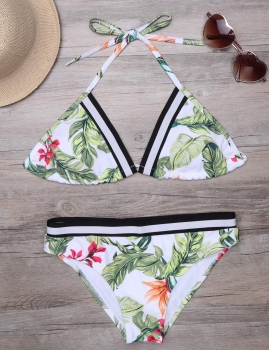 

Leaf Printed Halter Backless Split Bikini Set Swimwear, Multicolor