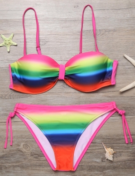 

Rose red Rainbow Colored Printed Side Tie Split Bikini Set Swimwear, Multicolor