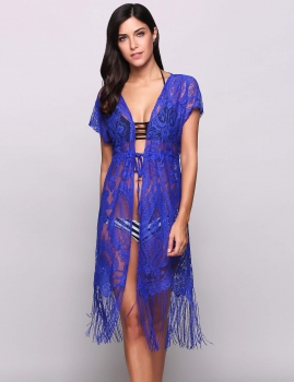 

Solid Lace Hollow Out Fringe Long Beach Cover Up, Multicolor