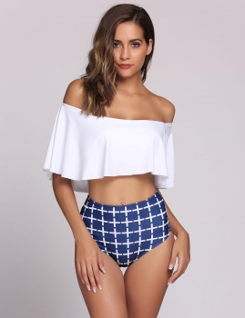

Black Off the Shoulder Ruffle Printed Bikini Set Swimwear, Multicolor