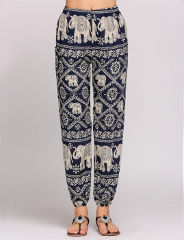 

Blue Boho Style Printed Elastic High Waist Pants, Multicolor