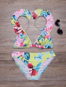 

Multi-color Sexy Swimsuit Ruffle Spaghetti Strap Bikini Set, Multicolor