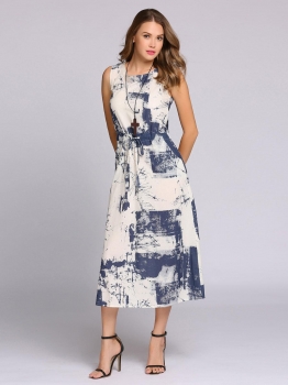 

Blue Sleeveless Drawstring Ink-wash Painting Print Shift Dress, Multicolor