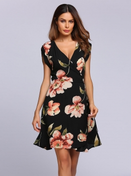 

Cap Sleeve Surplice Neck Floral Belted A-Line Dress, Multicolor