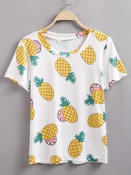 

White Cute Pineapple Printed Round Neck Short Sleeve T-Shirt, Multicolor