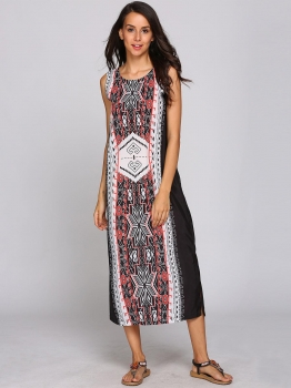 

Round Collar Boho Style Print Split Hem Dress, Multicolor