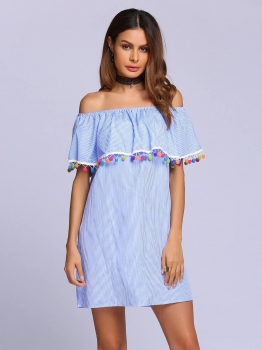 

Off The Shoulder Ruffles Pom Pom Trim Dress, Multicolor