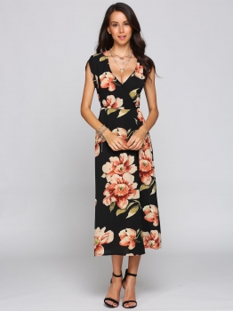 

Cap Sleeve V Neck Floral Belted Slim Dress, Multicolor