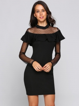 

Stand Collar Dot Mesh Patchwork Ruffles Slim Dress, Multicolor