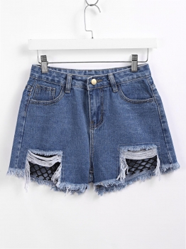 

Dark blue Contrast Fishnet Raw Hem Denim Shorts, Multicolor