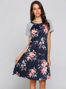 

Dark blue Raglan Sleeve Stripes Patchwork Floral Dress, Multicolor