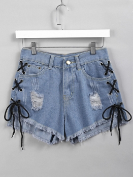 

Blue Side Frayed Hem Eyelet Lace Up Denim Shorts, Multicolor