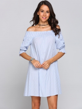 

Light blue Off The Shoulder Half Sleeve Back Tie Stripes Dress, Multicolor