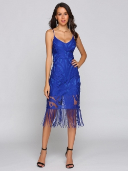 

Blue Spaghetti Strap Lace Up Fringe Hem Party Dress, Multicolor