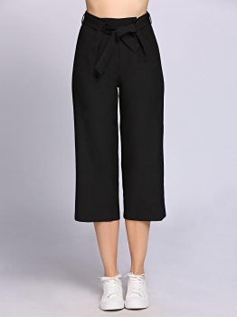 

Black Self Tie High Waist Solid Cropped Pants, Multicolor