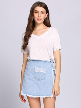 

Light blue High Waist Burrs Hem Pocket Denim Skort Shorts, Multicolor
